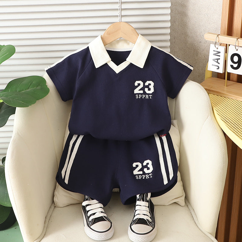 Children's Outfit Digital Turn-Down Collar Short Sleeve Set 2025 New Cool Handsome Boys Baby Summer Thin Clothes