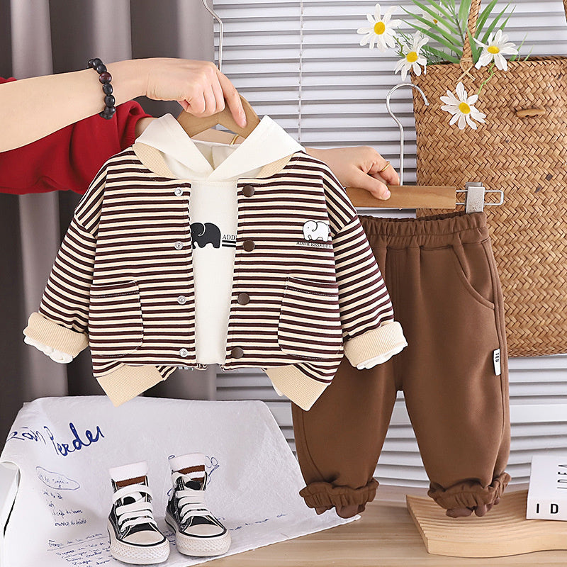 Boys' Outfit 2026 New Children's Spring and Autumn Baby Stylish Elephant Striped Cardigan Three-Piece Set Trendy