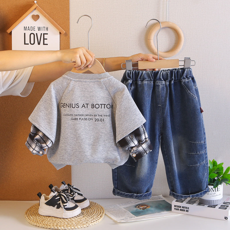 Boys' necklace-studded sweatshirt stylish outfit for toddlers, spring autumn two-piece set, trendy baby and toddler clothing