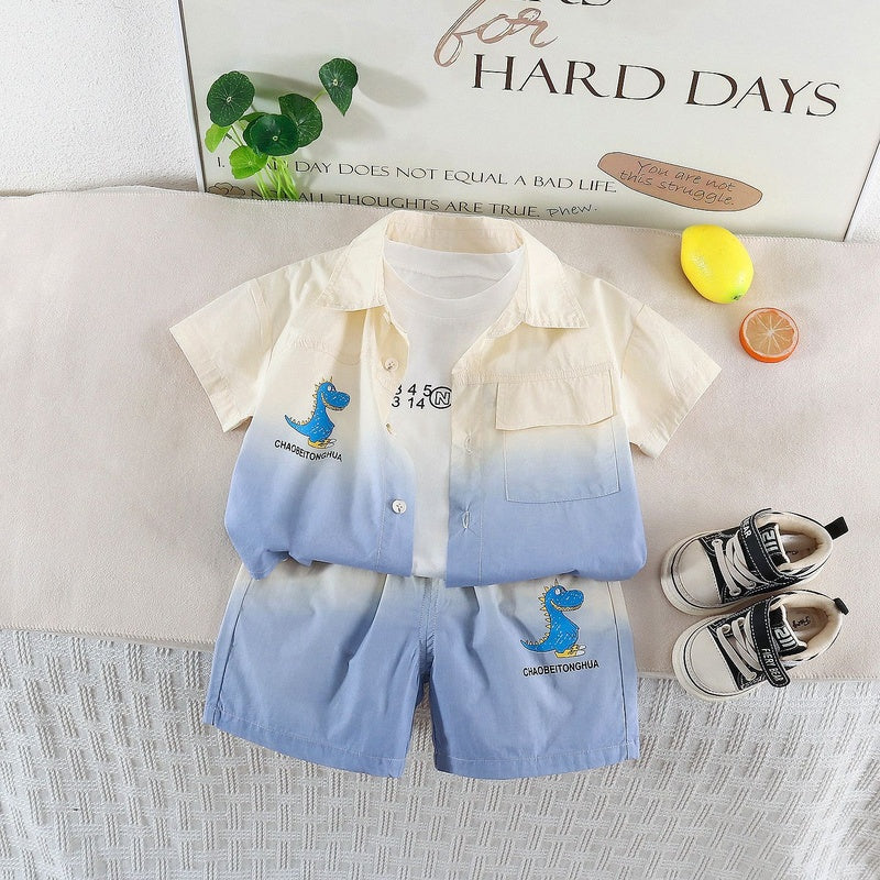 Boys' Outfit 2026 New Model Children's Summer Casual Gradient Dinosaur Short Sleeve Three-Piece Set for Boys Trendy