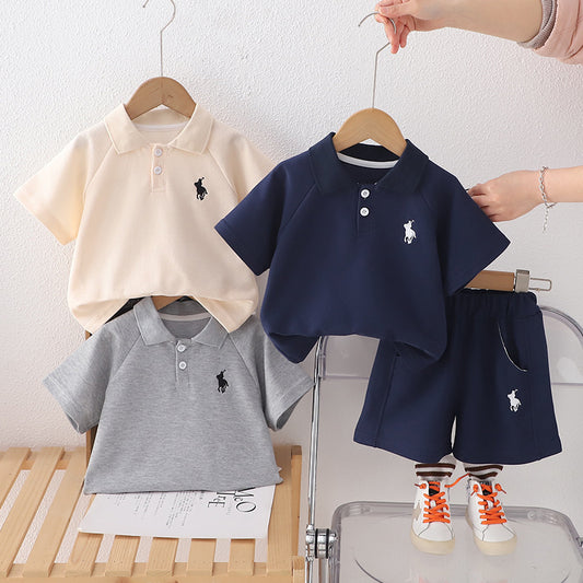 2025 Korean-style children's outfit, new summer model, boys' embroidered polo shirt, baby short-sleeve shorts, stylish two-piece set