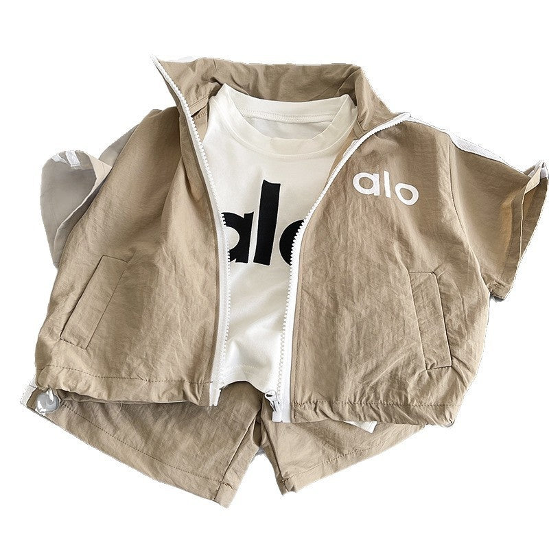 2026 Summer New Arrival Boys' Letter Print Stand Collar Zipper Shirt Baby Casual Workwear Three-Piece Set Children's Short Sleeve Outfit