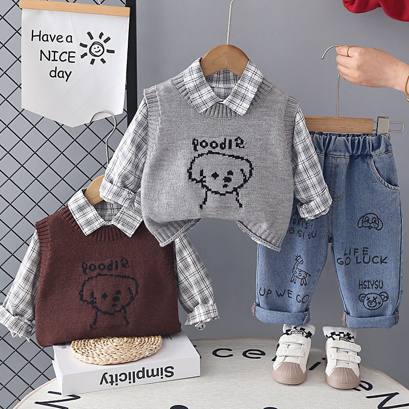 Boys' Outfit 2026 New Style Infant Children's Spring Autumn Puppy Sweater Vest Three-Piece Set Cute and Trendy for Baby Boys