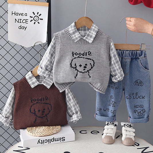 Boys' Outfit 2026 New Style Infant Children's Spring Autumn Puppy Sweater Vest Three-Piece Set Cute and Trendy for Baby Boys