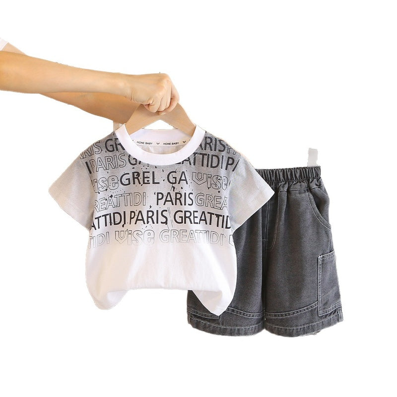 Boys' Outfit Gradient English Short Sleeve Set Stylish Baby Clothes 2026 New Model for Young Children Summer Fashion Clothing