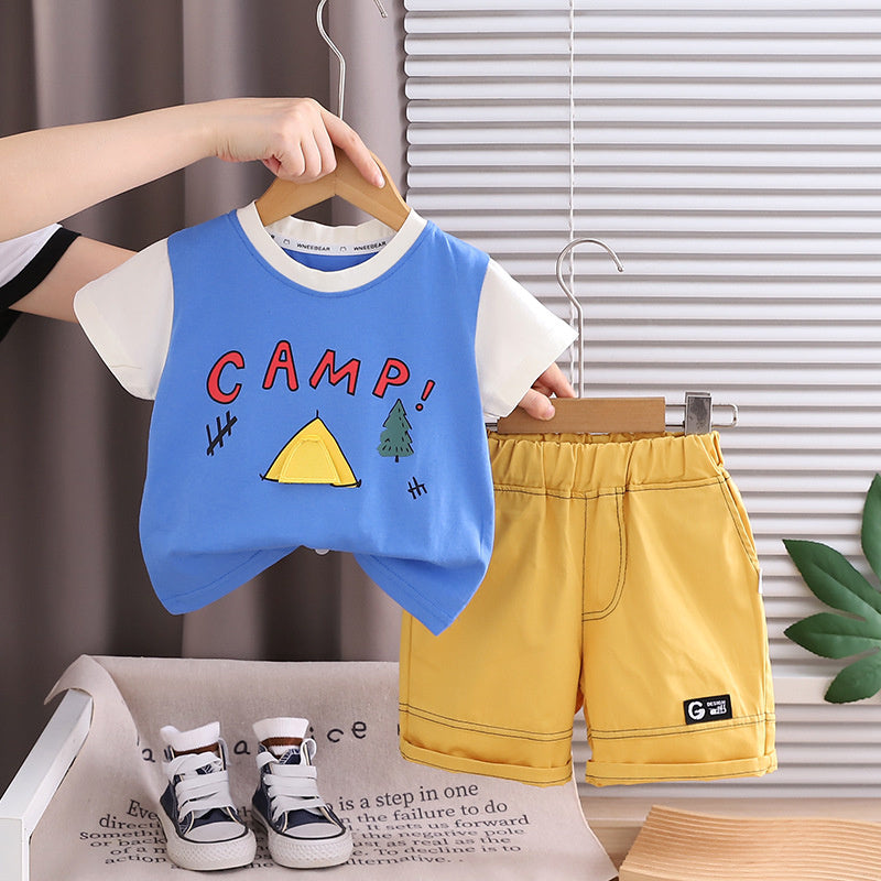 2026 New Thin Cartoon Tent Letter Two-Piece Set for Boys, Summer Children's Short-Sleeve Outfit, Trendy Wholesale