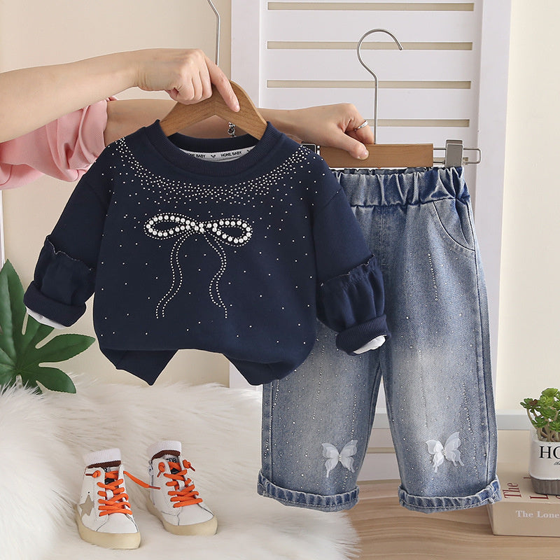 Girls' Sweatshirt Outfit 2026 New Baby Spring and Autumn Bow Two-Piece Set Infant Children's Clothing