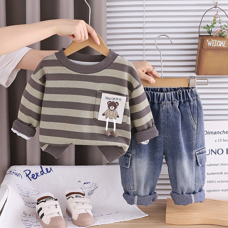 Boys' Suit and Autumn 2026 New Fashionable Children's Long Sleeve Striped Pocket Bear Logo Two-Piece Set Baby Spring Outfit