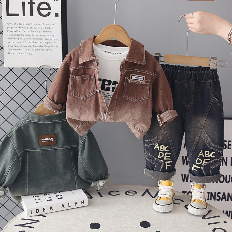 2026 Autumn New Boys' Denim Long-Sleeve Three-Piece Set, Baby Boy Casual Long Pants Spring/Autumn Outfit Wholesale