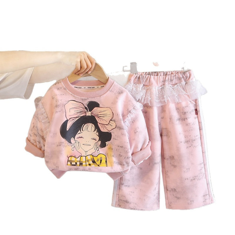 Girls' Autumn Outfit 2026 New Fashionable Bowknot Little Girl Sweatshirt Two-Piece Set Baby Children's Trendy Clothing