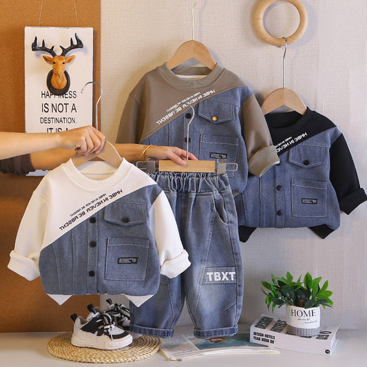 Boys' spring fashion patchwork denim sweatshirt two-piece set, stylish toddler clothes for spring, trendy baby and children's clothing