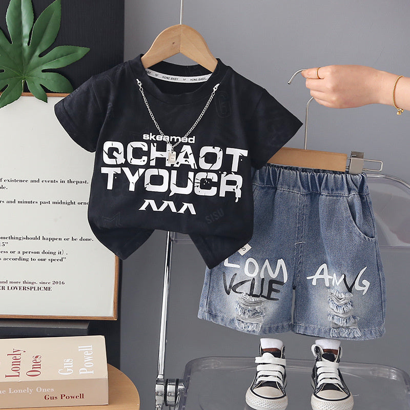 Boys' Short-Sleeve Two-Piece Set 2026 New Fashionable Baby Summer Outfit Casual Letter Print Clothes Trendy Stylish Suit