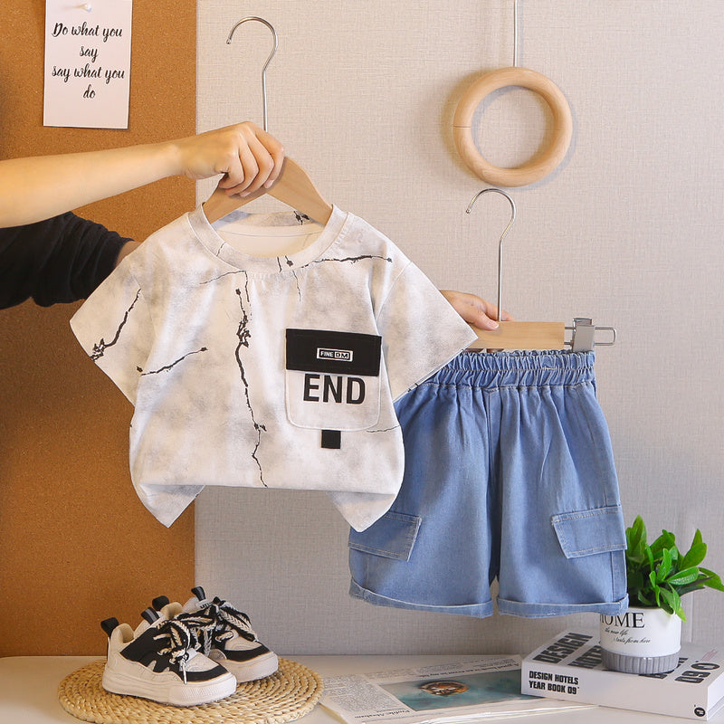 Boys' Summer Outfit 2026 New Stylish and Cool Baby Children's Pocket Short-Sleeve Two-Piece Fashionable Clothes