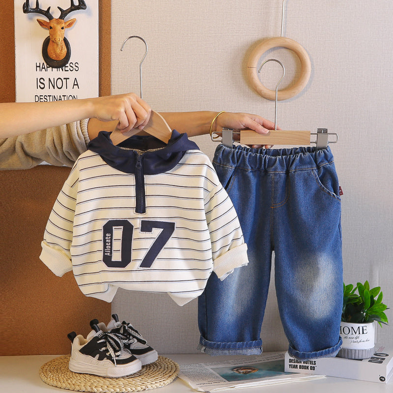 Outfit Set 2026 New Fashionable Toddler Boy Spring and Autumn Striped Hoodie Two-Piece Baby Clothes
