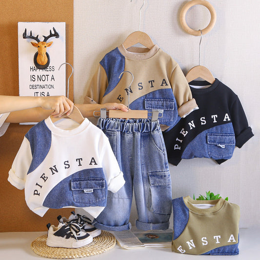 Baby Boy Outfit 2026 New Fashionable Spring and Autumn Clothes for Boys Two-Piece Set with Denim Letter Sweatshirt