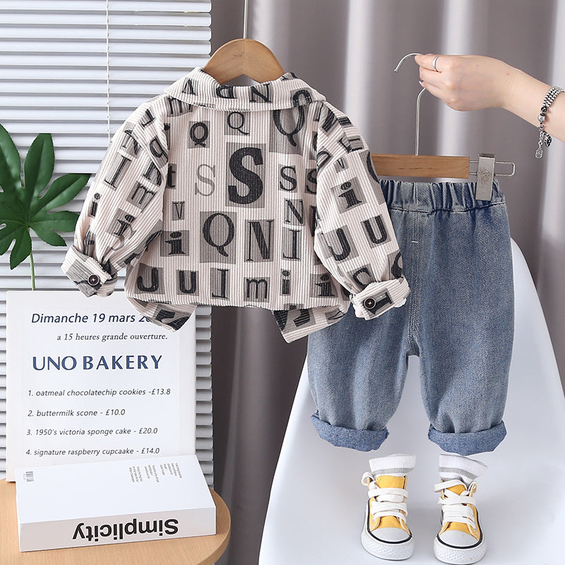 Boys' Outfit 2025 New Stylish Children's Spring and Autumn Letter Corduroy Three-Piece Set Baby Kids' Fashion