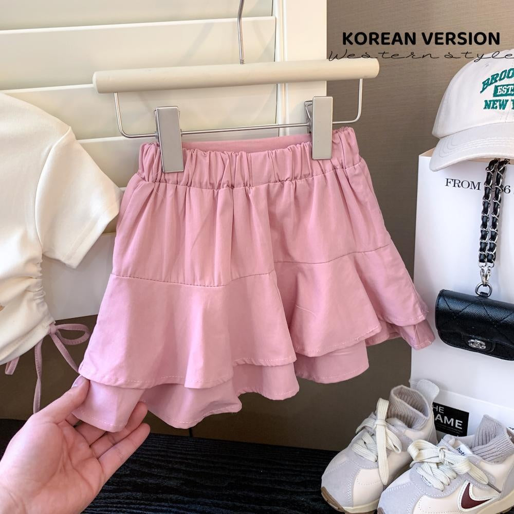 cute girls' t-shirt set, new summer drawstring top, Korean-style sweet and spicy two-piece skirt set