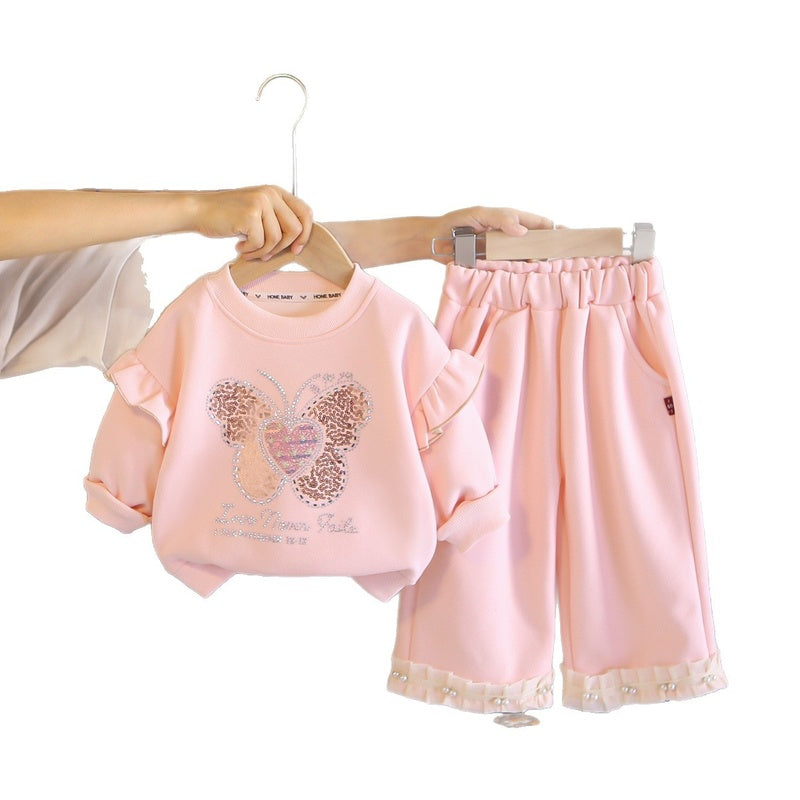 Baby Girl Spring and Outfit Set 2026 New Fashionable Girls' Rhinestone Cute Butterfly Two-Piece Autumn Clothes Trendy