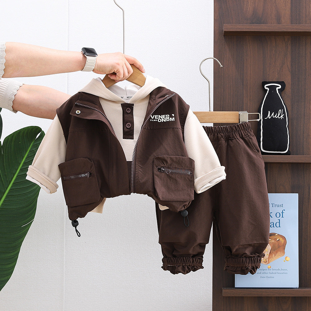 Stylish Boys' and Autumn Outfit 2026 New Spring Collection Baby Three-Piece Set with Double 3D Pocket Vest Trendy