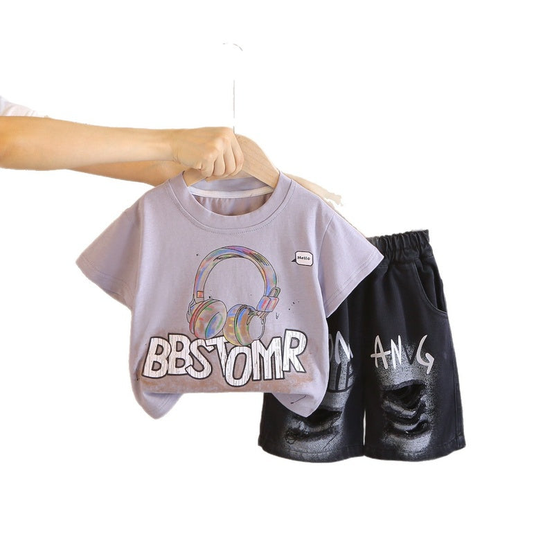 Children's clothing boys, set, 2026 new model, earphone short-sleeve baby summer clothes, two-piece set for small children
