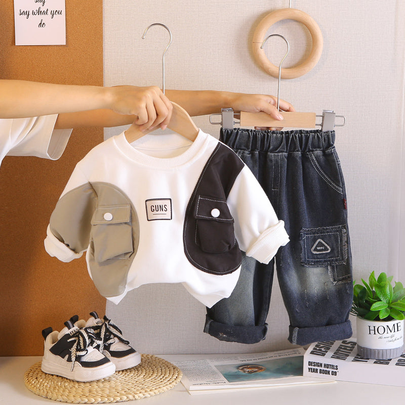 Boys' Outfit Children's Two-Color Pocket Sweatshirt 2026 New Style 1 to 3 Years Old Baby Spring and Autumn Two-Piece Set for Boys