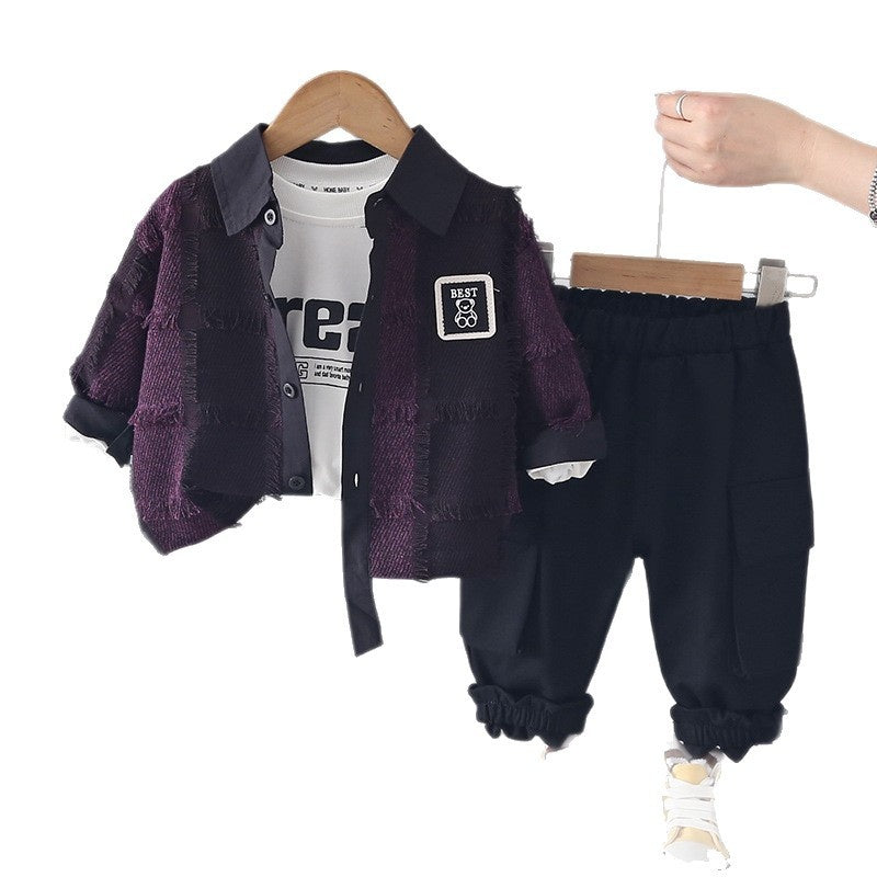 Boys' Spring Outfit 2026 Spring-Autumn New Korean Style Children's Stylish and Cool Plaid Furry Three-Piece Set for Young Boys