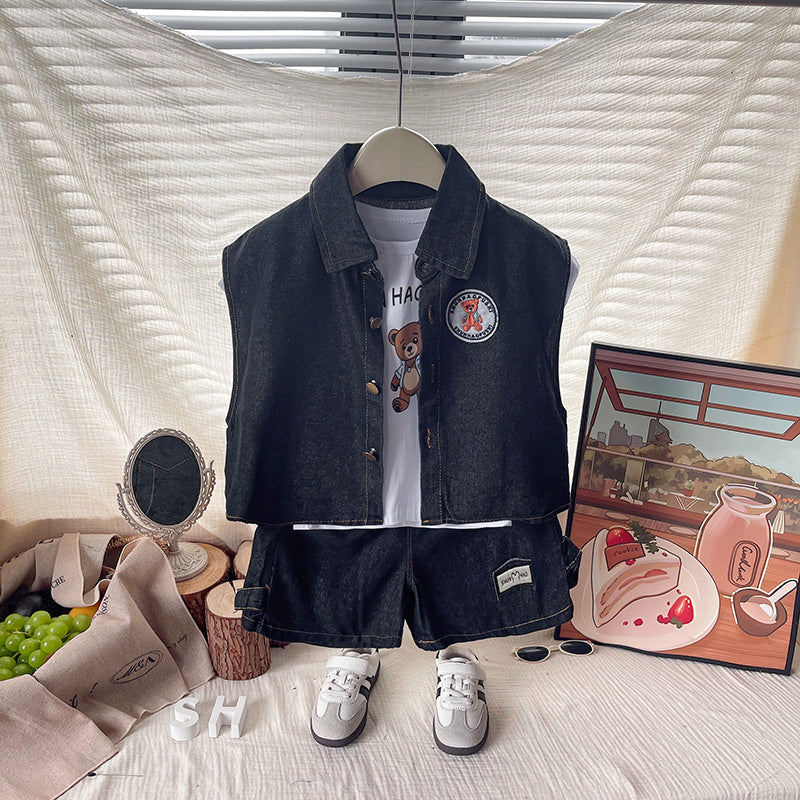 Boys' Summer Outfit: Stylish Children's Short-Sleeve Clothes, 2026 New Fashionable Baby Denim Vest Three-Piece Set