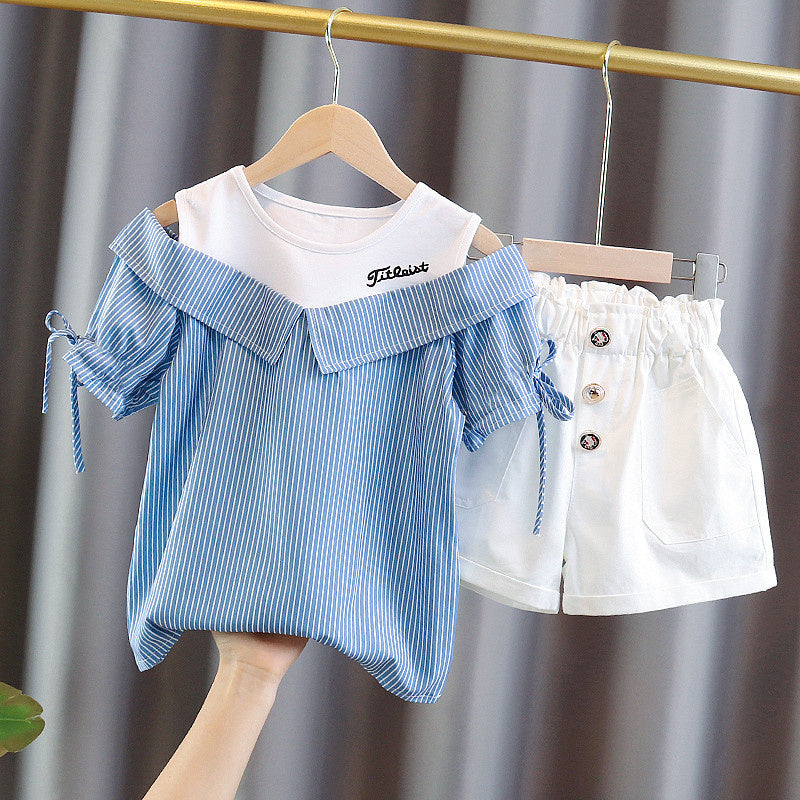 Summer Girls' Outfit 2023 New Korean Style for Older Children, Two-Piece Set with Off-Shoulder Top Shorts, Stylish and Trendy