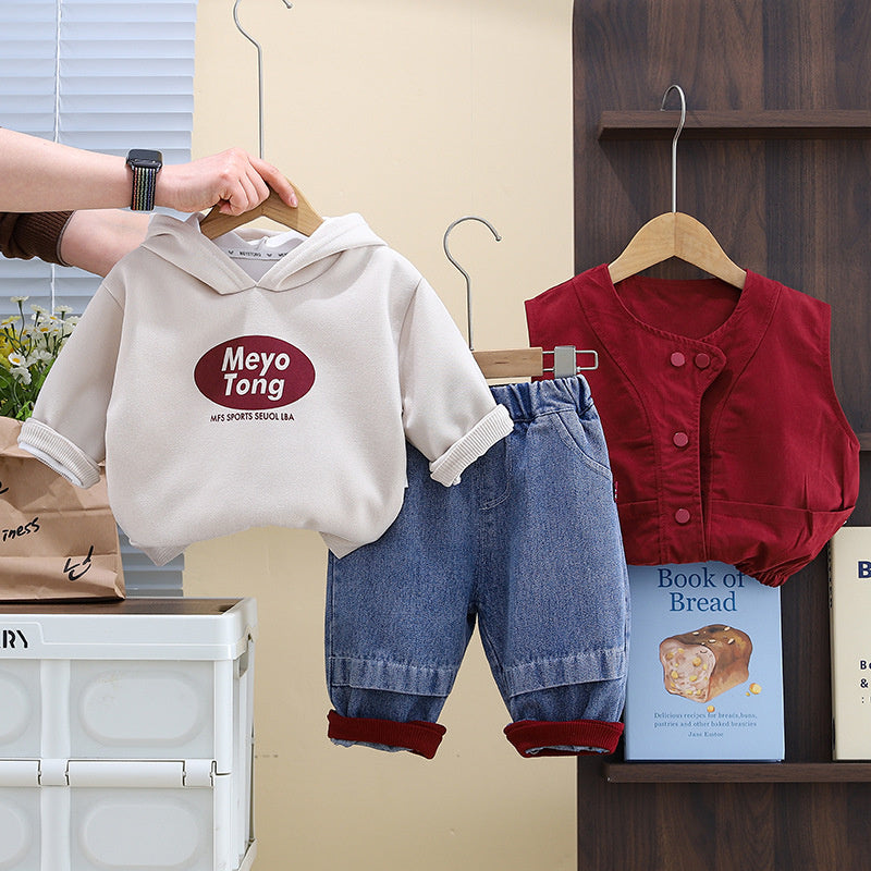 Children's Clothing Outfit Solid Color Letter Hooded Vest Three-Piece Set Spring Autumn Baby Boys Clothes Trendy