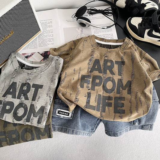 2026 New Men's Summer Outfit: Short-Sleeved Stylish Children's Retro Letter Jeans Two-Piece Set, Trendy and Cool