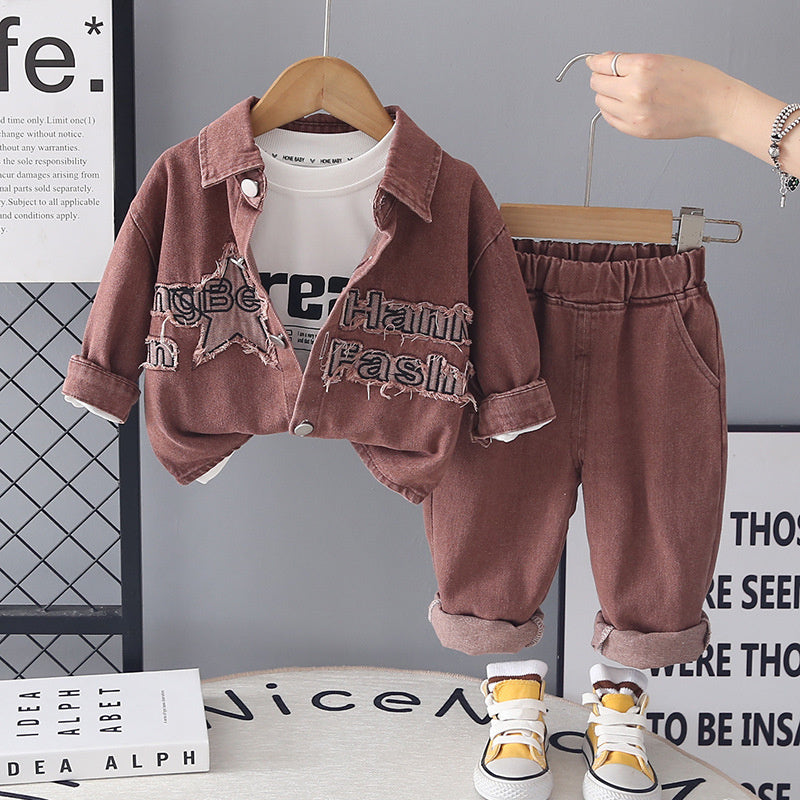Boys' Autumn Outfit 2026 New Style Baby Boy Spring Fashion Long Sleeve Denim Patchwork Three-Piece Set for Infants and Children