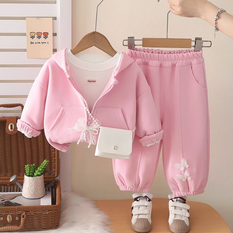 Girls' Outfit 2026 New Korean Style Children's Lace Butterfly Dress Baby Girl Autumn Casual Three-Piece Set