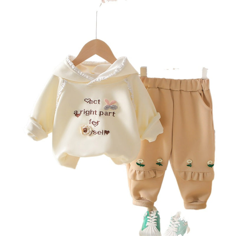 Girls' Autumn 2026 New Fashionable Spring Outfit Baby Lace Hooded Sweatshirt Cartoon Two-Piece Set for Infants and Children