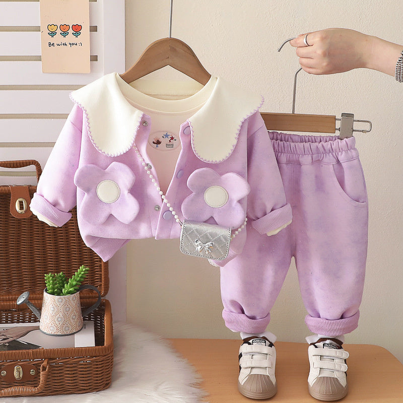 Baby girl autumn outfit set, Korean style fashionable outing clothes, baby floral pocket bag clothing, trendy three-piece set for girls