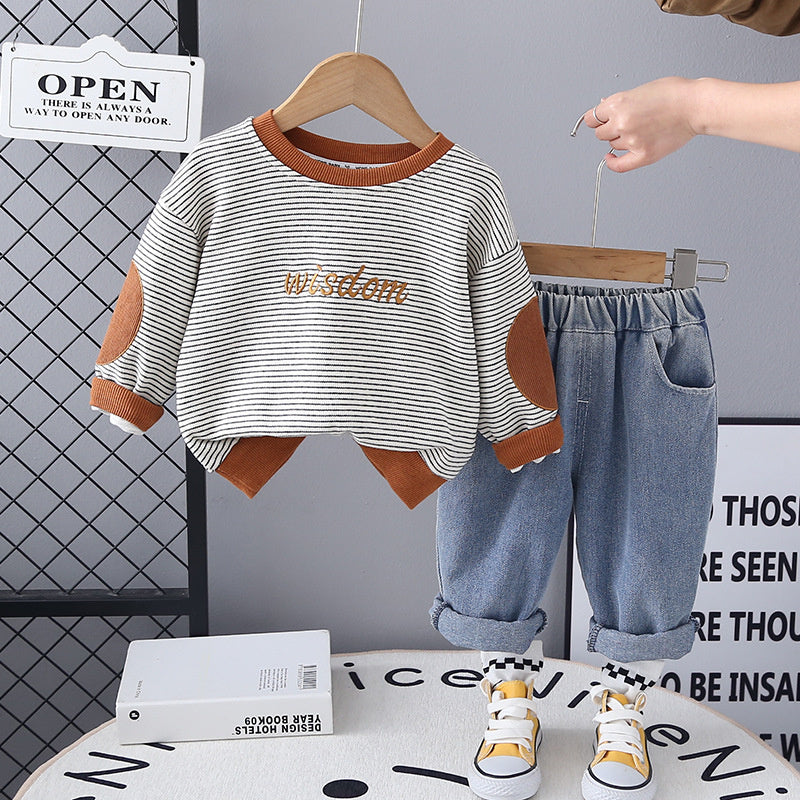 Boys' Stylish New 2025 Baby Spring Outfit Children's Clothing Striped Embroidered English Two-Piece Set