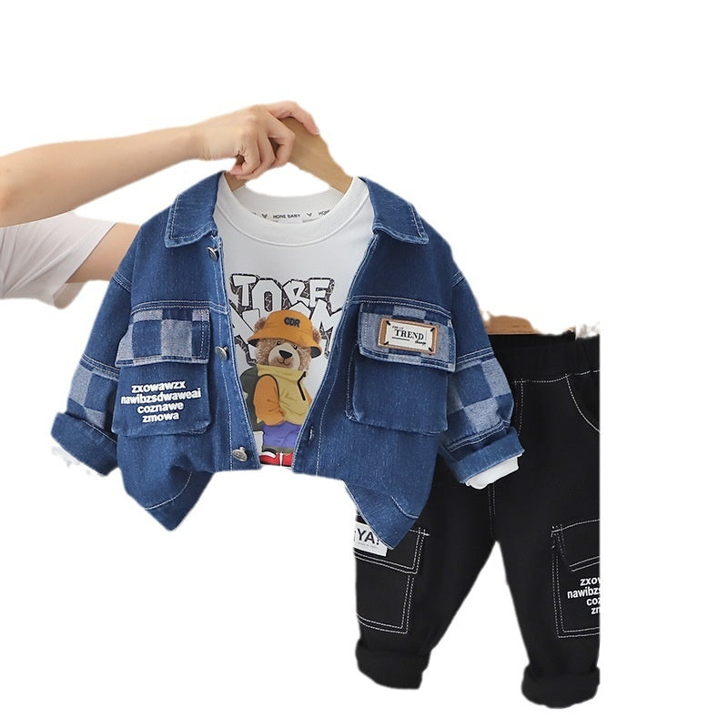 Boys' Spring and Autumn 2023 New Korean Style Casual Denim Three-Piece Set for 1-3 Year Olds