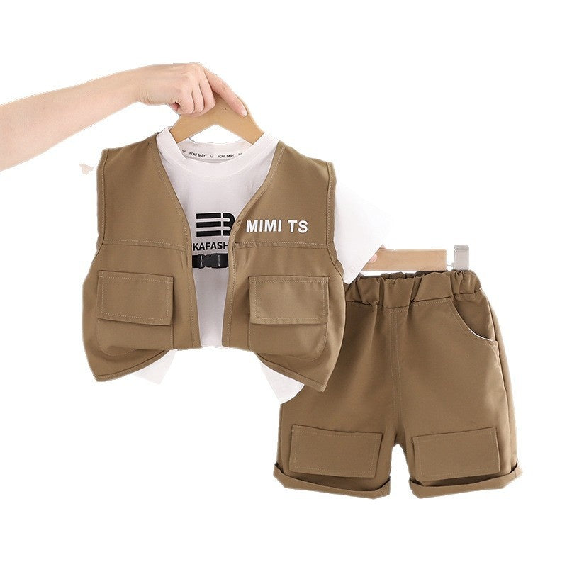 Boys' Outfit 2026 New Fashionable Children's Short-Sleeve Summer Korean Style Letter Vest Three-Piece Set Trendy