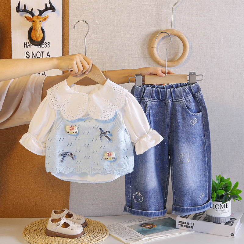 Girls' Outfit 2026 New Style Children's Spring and Fashionable Sweater Three-Piece Set Baby Autumn Cartoon Vest