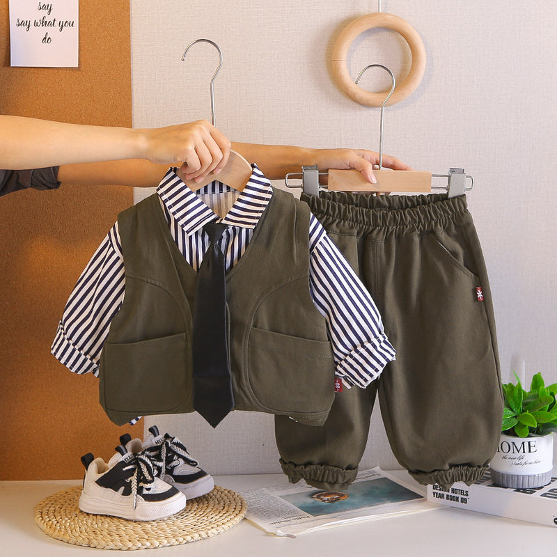 Boys' Tie Workwear Vest Three-Piece Set, Stylish and Autumn Clothes for Kids, Spring Outfit, Trendy Children's Clothing