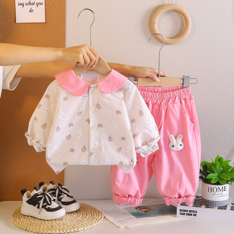 Baby Girl 2026 New Outing Floral Cat Print Turn-down Collar Two-piece Infant Long Sleeve Casual Pants Spring/Autumn Set