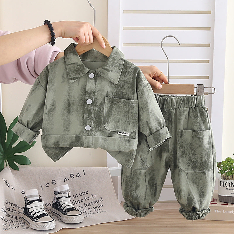 Boys' outfit stylish cool, baby spring autumn tie-dye pocket two-piece set, infant and toddler trendy clothing