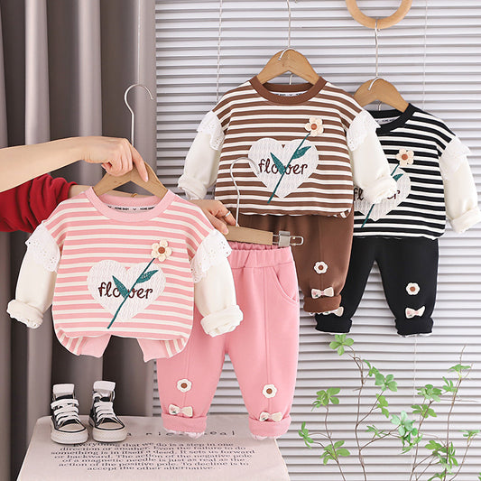 Girls' Striped Heart Flower Sweatshirt Set 2026 New Spring and Autumn Fashionable Baby Children's Casual Long Sleeve Two-Piece Outfit
