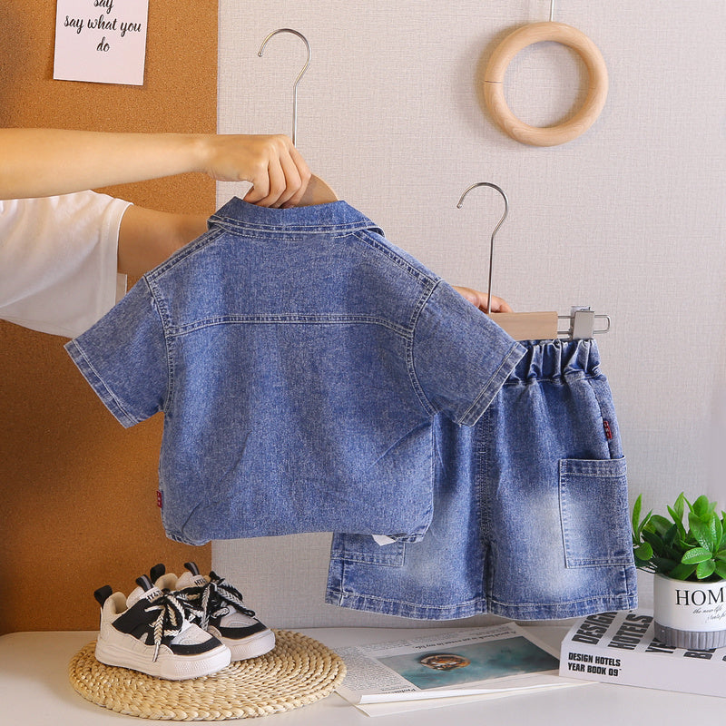 Baby Boy Outfit New Fashionable Infant Children's Faux Pocket Denim Three-Piece Set Cute Boys' Summer Clothes
