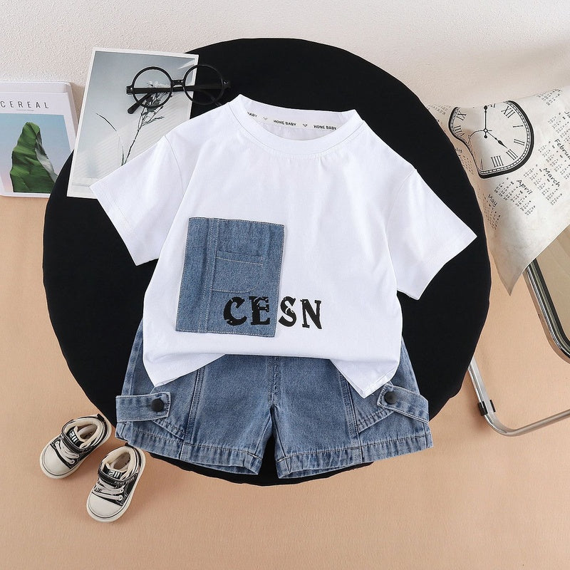 Boys Outfit Set 2026 New Children's Patch Letter Short Sleeve Toddler Thin Clothing Baby Summer Style Kids' Wear
