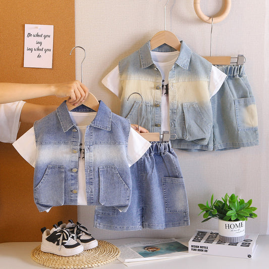 Children's clothing for boys, stylish outfit, baby summer pocket denim short-sleeve clothes, infant casual three-piece set
