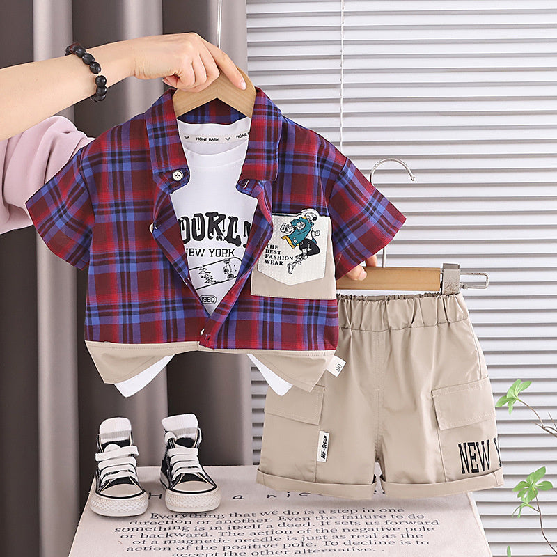 Boys' Summer Outfit 2026 New Fashionable Baby Short-Sleeve Plaid Shirt and Shorts Three-Piece Set Infant Children's Clothing