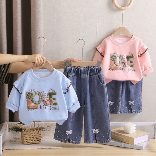Girls' Outfit 2026 New Spring and Autumn Fashionable Letter Sweatshirt Two-Piece Set Baby Girls Trendy Korean Style for Children