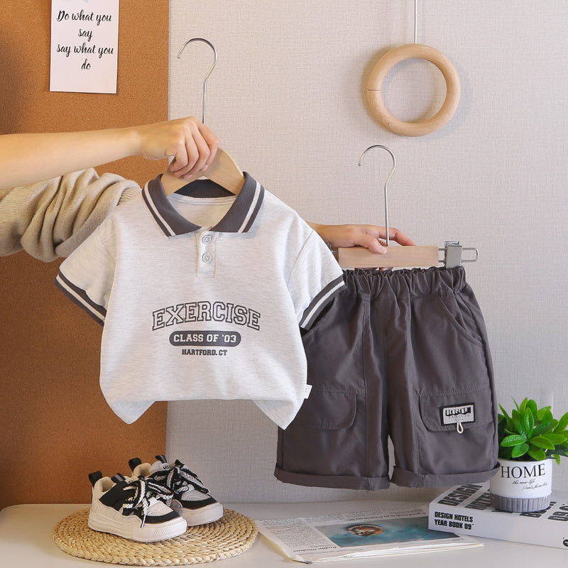 Children's clothing for boys, suit 2026 new model, baby outfit with letter print on the placket, short-sleeved boys' summer clothes, trendy
