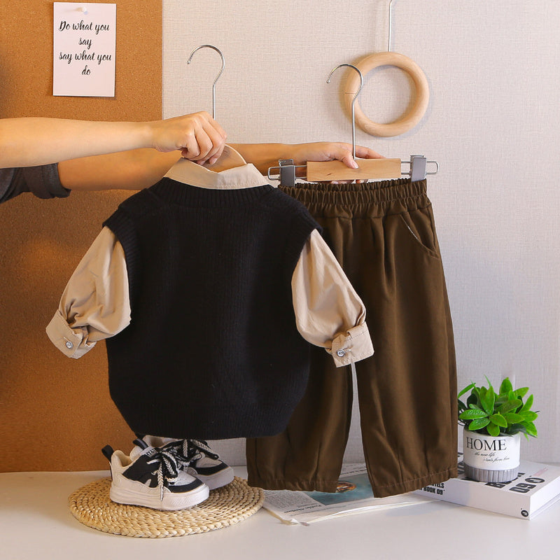Baby Boy Outfit 2026 New Casual Stylish Children's Boys' Spring and Autumn V-neck Sweater Three-piece Set