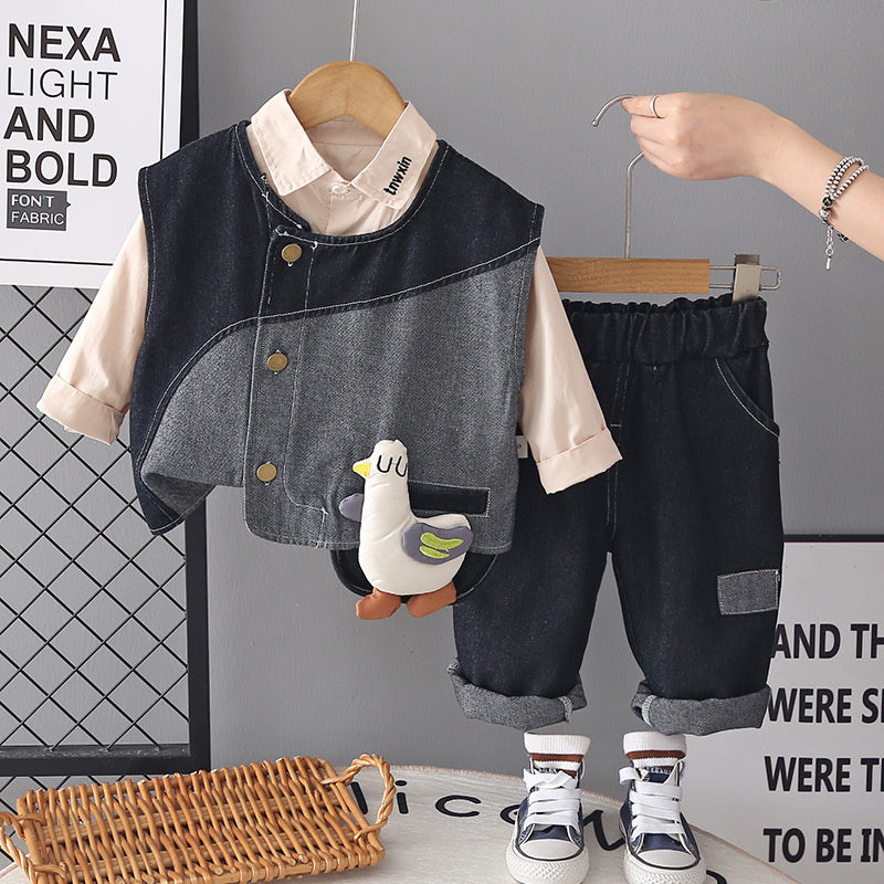 Children's Outfit 2026 New Spring and Autumn Little Duck Denim Vest Three-Piece Set 0-5 Year Olds, Trendy for Young Children